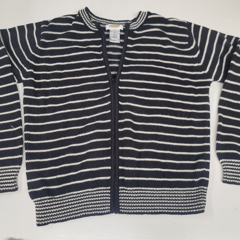 Talbots Women's Knit Full Zip Cardigan Sweater Striped Black White Small